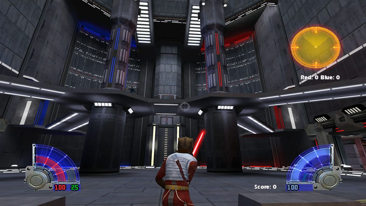 Luke Skywalker, in his X-Wing pilot flight suit, in a lightsaber combat arena.
