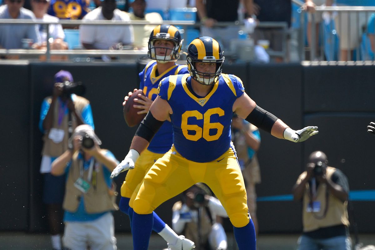 Los Angeles Rams RG Austin Blythe blocks in front of QB Jared Goff during a Week 1 game against the Carolina Panthers, Sep. 8, 2019.