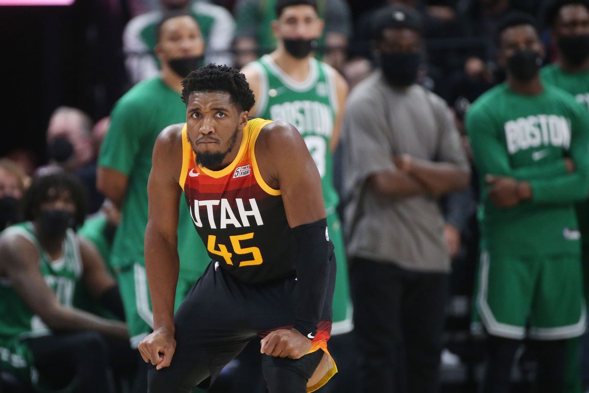 Utah Jazz guard Donovan Mitchell (45) has his game face on after hitting a 3-pointer at the end of the game in Salt Lake City on Friday, Dec. 3, 2021. The Jazz won 137-130.