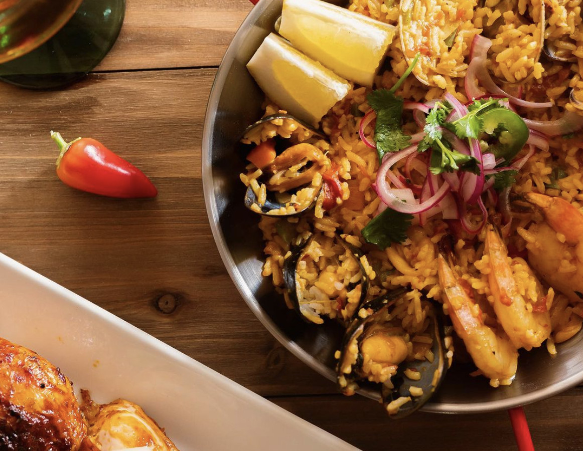 A sizzling Latin rice and seafood dish.