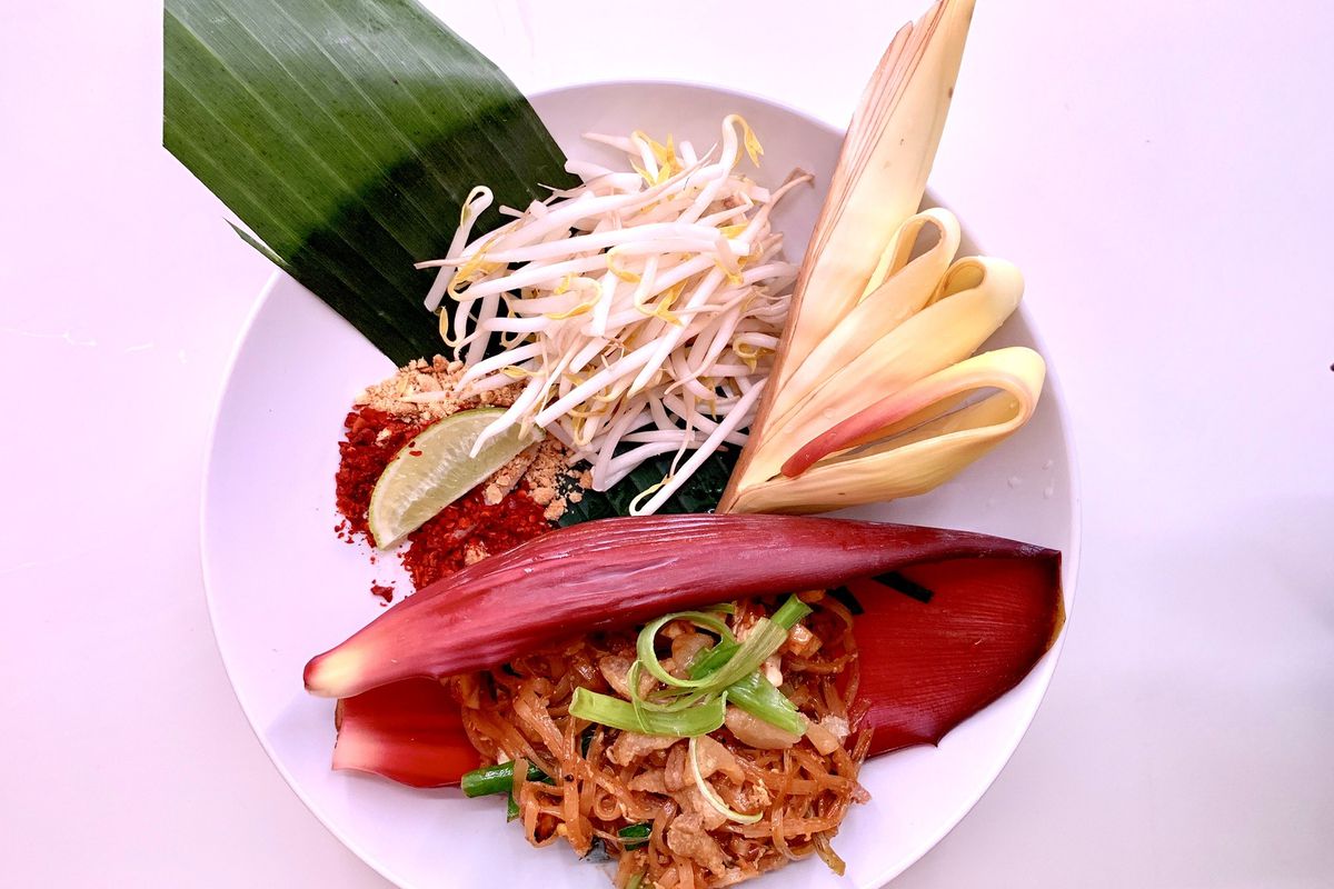 Overhead view of a plate of pad thai