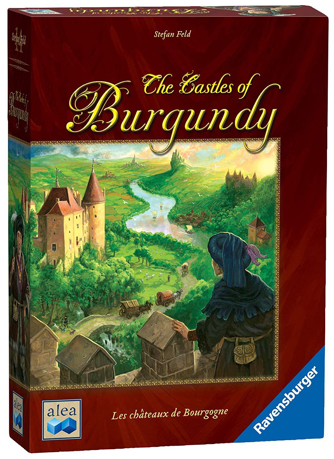 Cover art for The Castles of Burgundy shows a man looking out of the battlements of an elaborate country house along a river at sunrise.