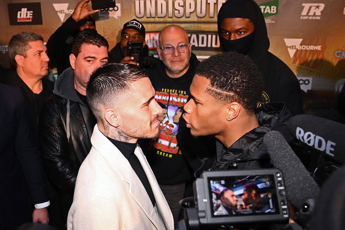 George Kambosos Jr of Australia and Devin Haney of the United States face off after a press conference at Culture Kings on May 30, 2022 in Melbourne, Australia.
