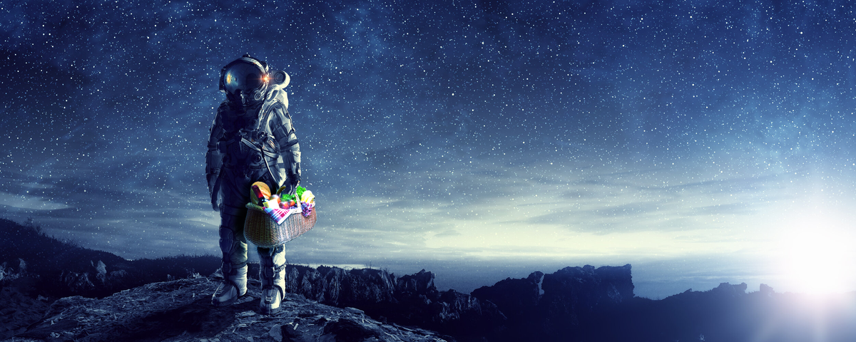 An illustration of an astronaut carrying a picnic basket on a barren planetary landscape with a sky full of stars.