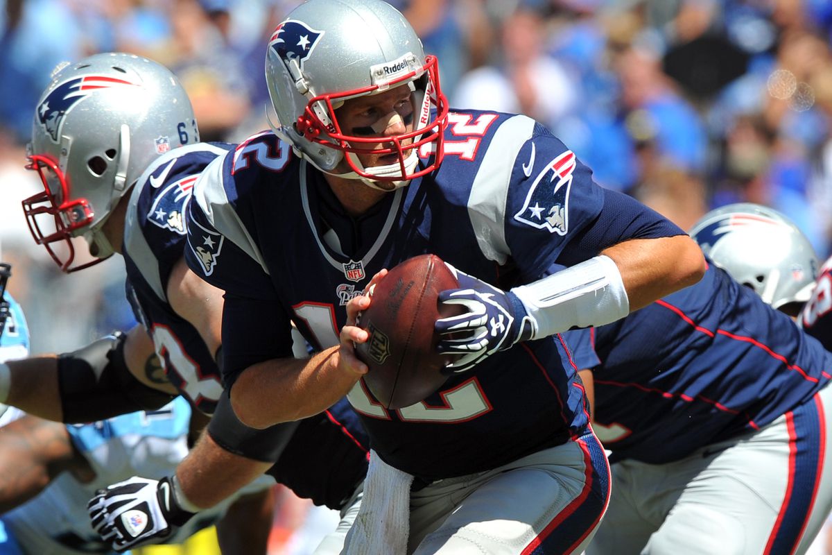Sep 09, 2012; Nashville, TN, USA; New England Patriots quarterback Tom Brady (12) drops back to hand off against the Tennessee Titans during the second half at LP Field. The Patriots beat the Titans 34-13. Mandatory credit: Don McPeak-US PRESSWIRE