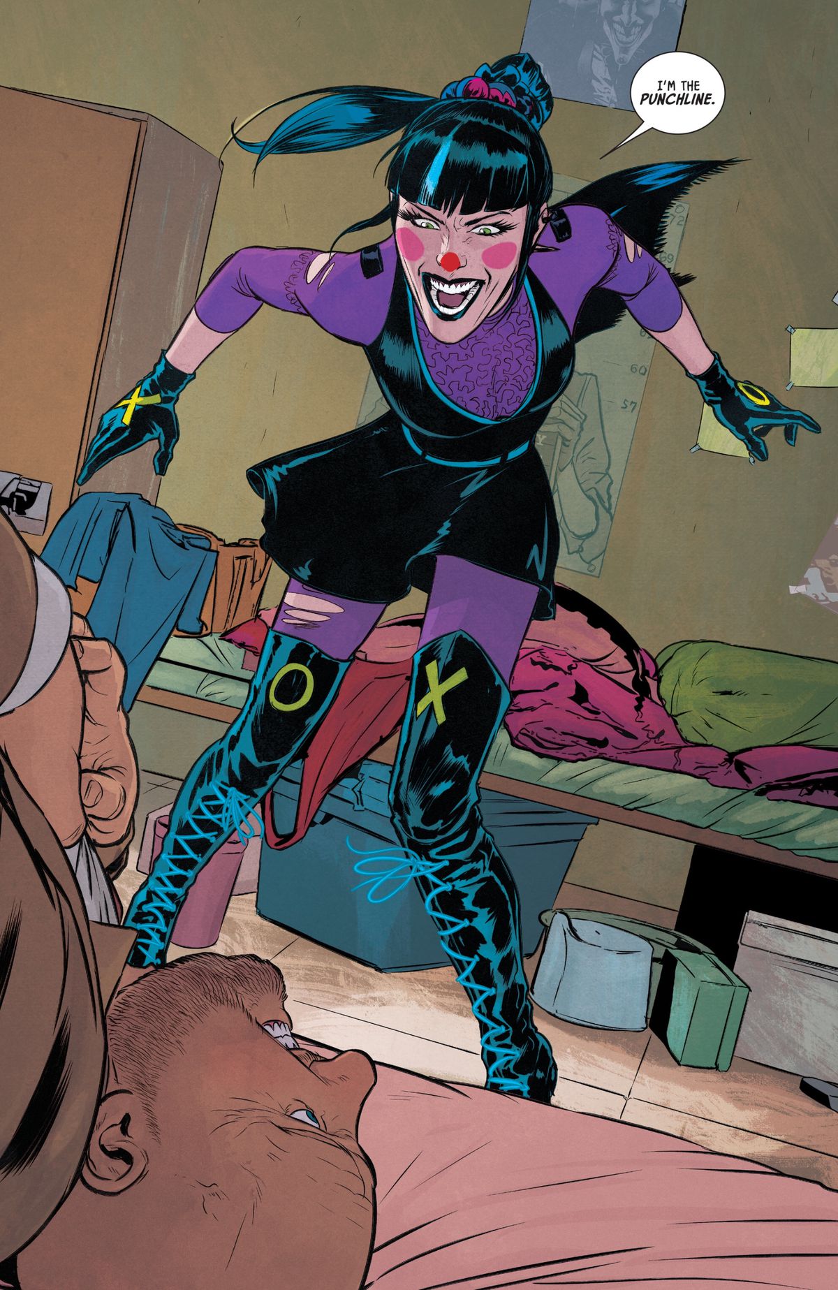 “I’m the punchline,” snarls Punchline. In her full costume she wears a ripped purple shirt and tights, along with a black jumper, gloves, and pink and red clown makeup, in The Joker 80th Anniversary 100-Page Super Spectacular, DC Comics (2020).