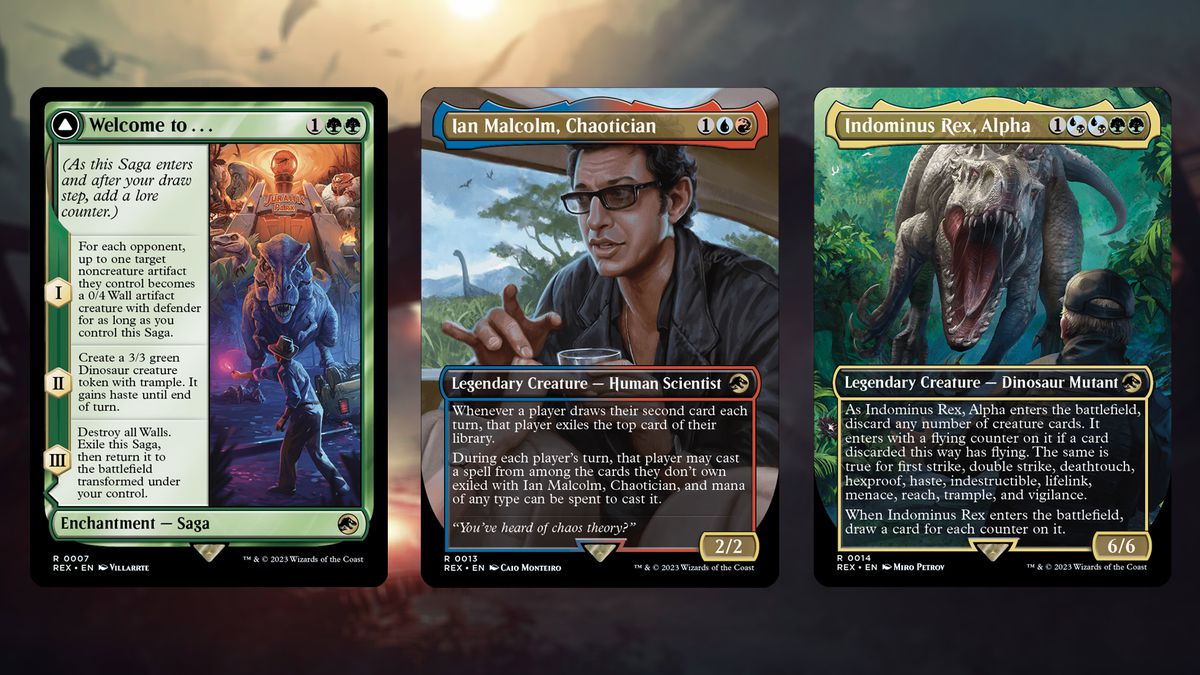 A composite image of the “Ian Malcolm, Chaotician”, “Indominus Rex, Alpha”, and “Welcome to...” cards from the Jurassic Park Universes Beyond set.