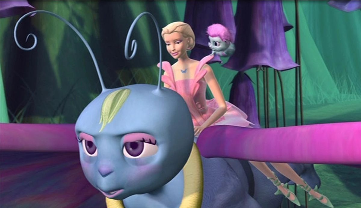 Barbie as Elina, a fairy without wings wearing a pink dress, riding atop Hue, a giant insect-man with purple wings and blue skin.