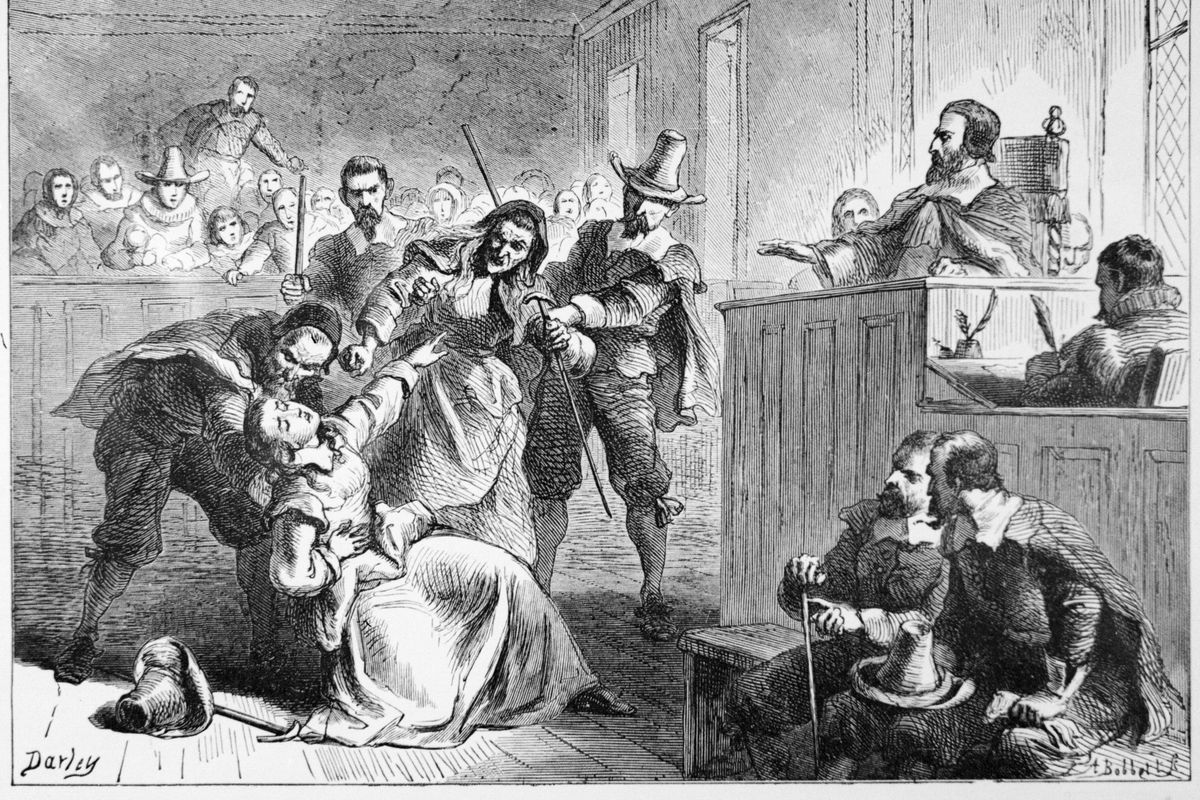 Engraving of a Suspect Fainting Before Judge During Witch Hunt Trial by Darley
