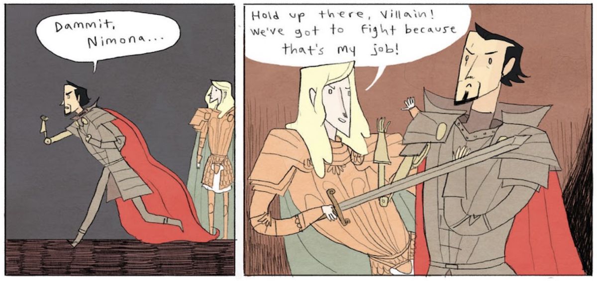 Ballister Blackheart, a dark-haired, goateed knight in grey armor, charges off to catch up with his wayward sidekick Nimona, and golden-haired knight Goldenloin gets in his way in two panels from the Nimona comic. Dialogue: “Dammit, Nimona…” “Hold up there, villain! We’ve got to fight because that’s my job!”