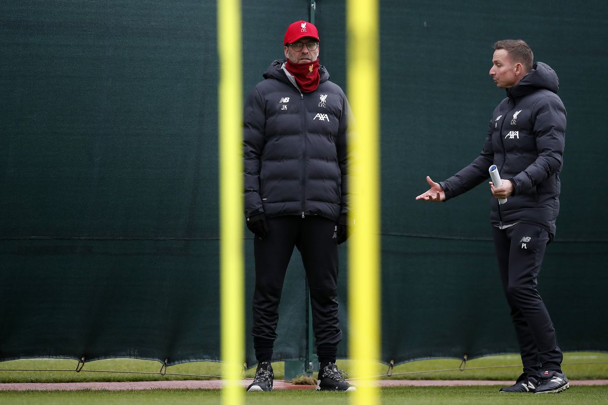 Liverpool manager Jurgen Klopp and assistant manager Pepijn Lijnders during the training session at Melwood, Liverpool.
