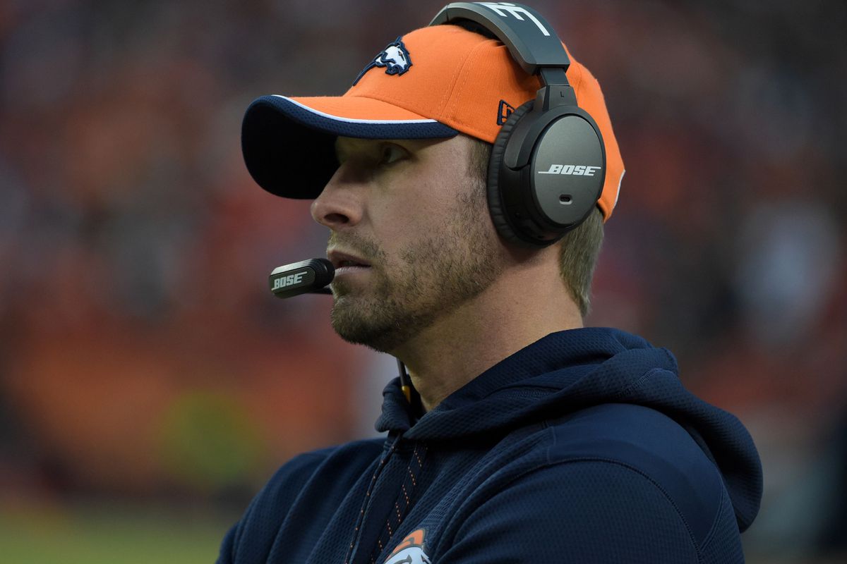 Chicago Bears offensive coordinator Adam Gase, here with the Denver Broncos, could be interviewed for the Miami Dolphins head coaching position.