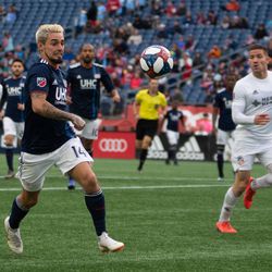 FOXBOROUGH, MA - MARCH 24: New England Revolution midfielder Diego Fagundez #14 chases down a pass during the second half at Gillette Stadium on March 24, 2019 in Foxborough, Massachusetts. (Photo by J. Alexander Dolan - The Bent Musket)