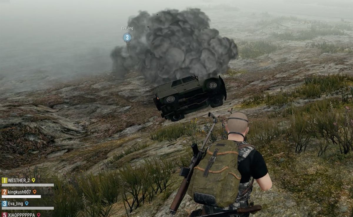 An armored UAZ tipped on its side is righted with a hand grenade in the Steel Rain game mode for PlayerUnknown’s Battlegrounds