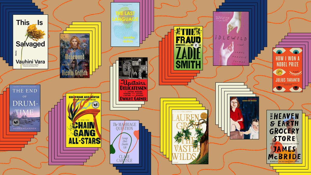 A brightly colored photo illustration showing the covers of the 13 featured books