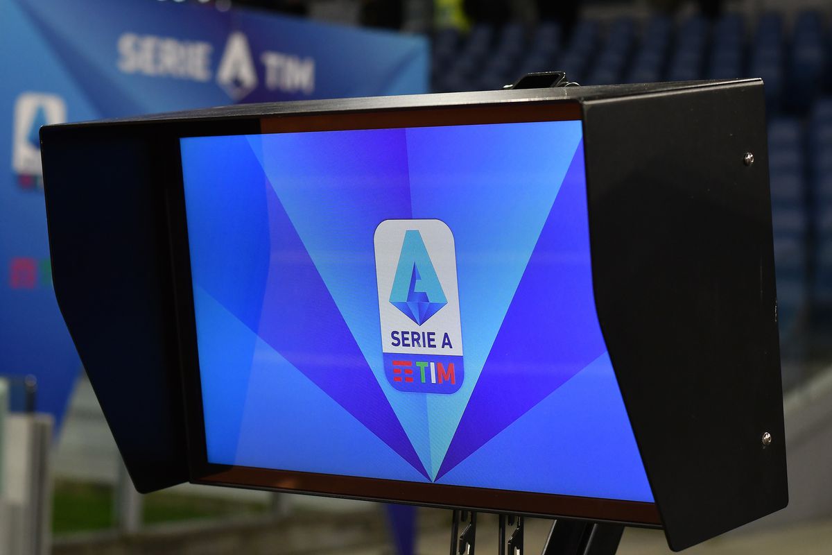 Var monitor displays the Serie A logo prior to the football...