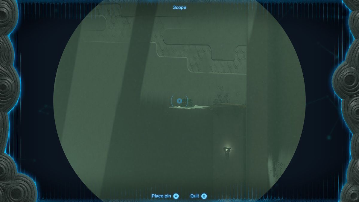 Link uses the scope to stare at a chest on a ledge in the Jirutagumac Shrine in Zelda Tears of the Kingdom.