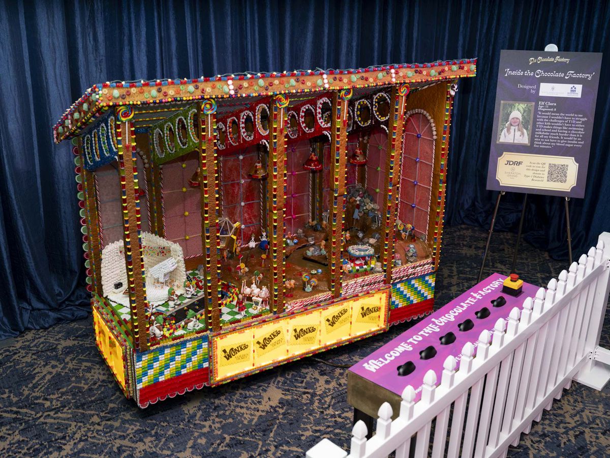 A Willy Wonka–style chocolate factory structure made of gingerbread.