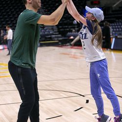 Utah Jazz forward Georges Niang hive fives Claire Hazen after getting a shot during a game of NBA Math Hoops at the Vivint Smart Home Arena in Salt Lake City on Monday, Jan. 29, 2018.