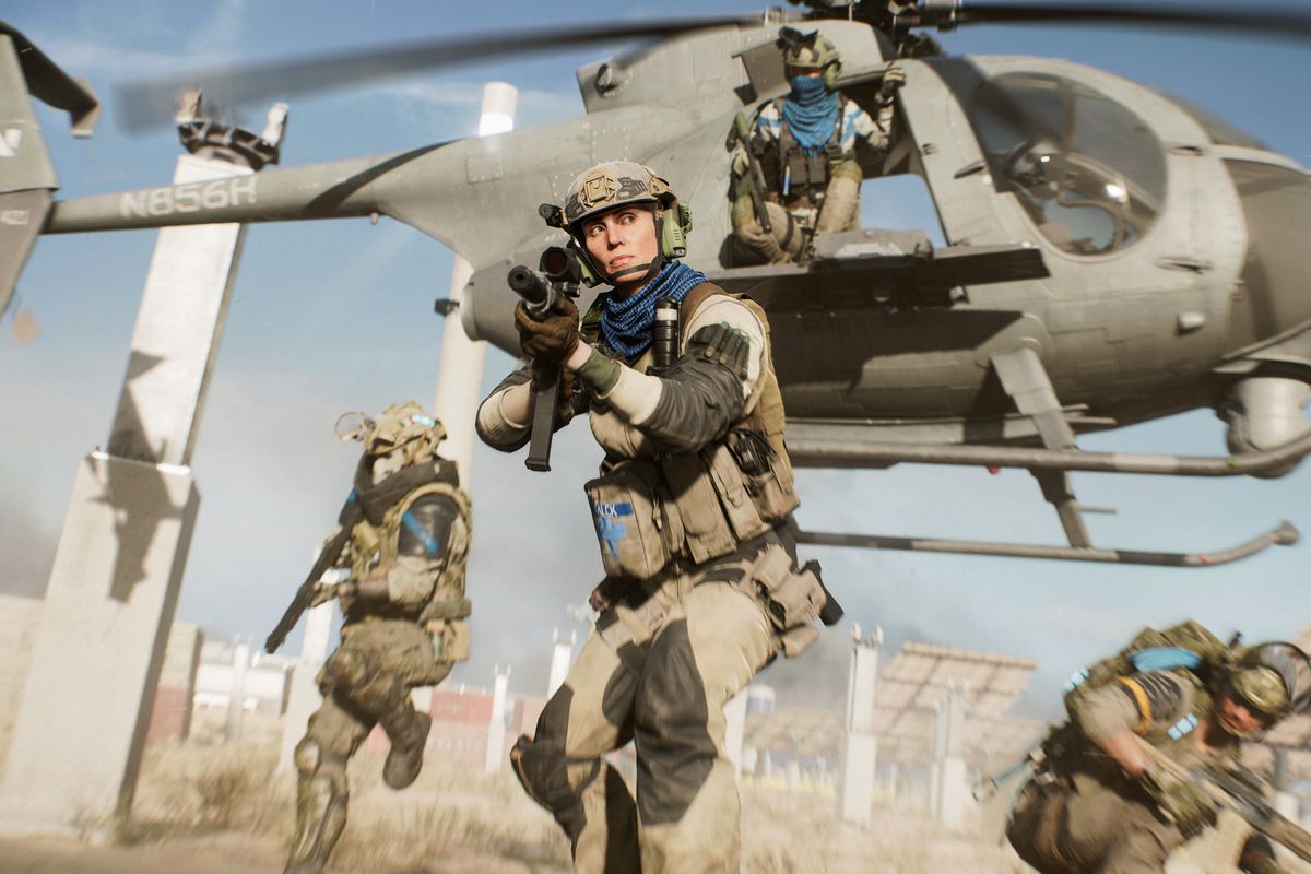 Four soldiers exit a helicopter in a screenshot from Battlefield 2042’s Hazard Zone game mode