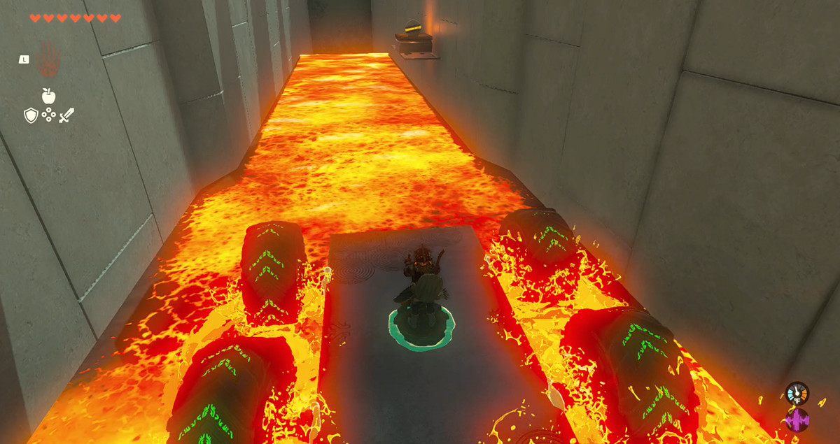 Link driving down a river of fire in Zelda: Tears of the Kingdom