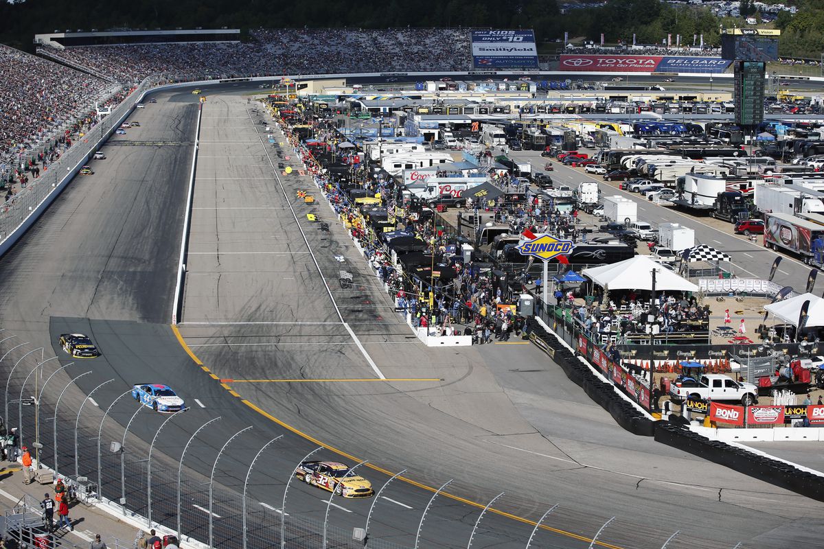 A general view of turn one and pit row during the Bad Boy Off Road 300 at New Hampshire Motor Speedway in Loudon, New Hampshire.