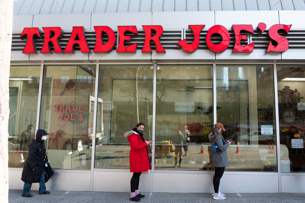 People stand in line outside Trader Joe’s in Kips Bay amid the coronavirus pandemic on March 19, 2021 in New York City.