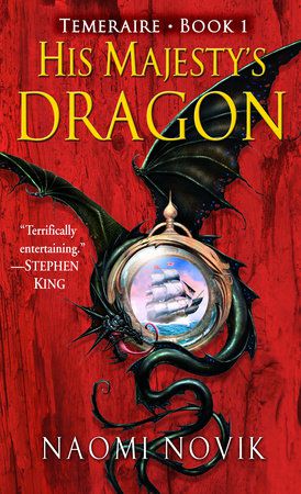 Cover image for Naomi Novik’s His Majesty’s Dragon, which shows a black dragon curled around a circular gold frame that looks like an eye glass and shows a ship on the seas in it.