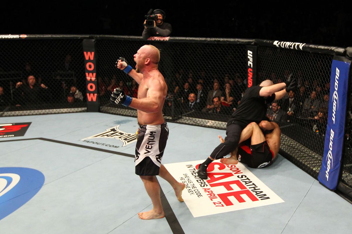 SAITAMA, JAPAN - FEBRUARY 26: Tim Boetsch reacts after knocking out Yushin Okami during the UFC 144 event at Saitama Super Arena on February 26, 2012 in Saitama, Japan. (Photo by Al Bello via Getty Images)