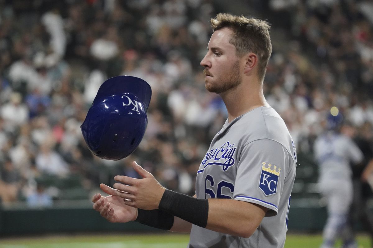 Ryan O’Hearn #66 of the Kansas City Royals reacts during the fifth inning of a game against the Chicago White Sox at Guaranteed Rate Field on August 04, 2021 in Chicago, Illinois.
