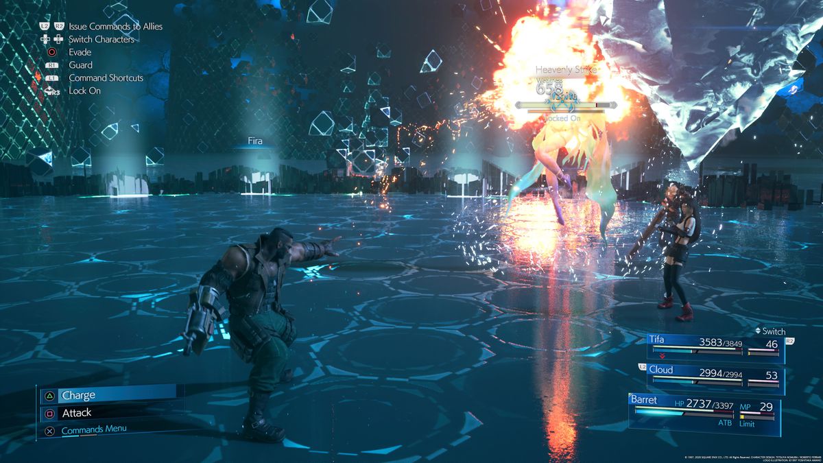 Barrett shooting fire at Shiva in the Final Fantasy 7 Remake