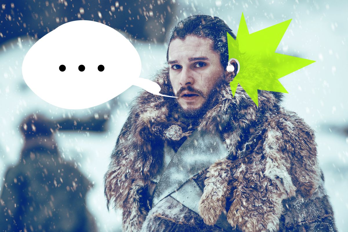 Jon Snow with an illustrated earpiece and speech bubble