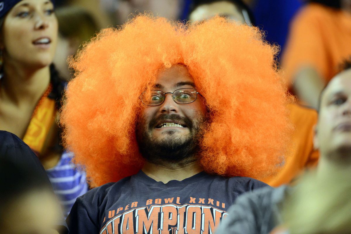 August 18 2012; Denver, CO, USA; Denver Broncos fan Aaron Pinsker during the preseason game against the Seattle Seahawks at Sports Authority Field. Mandatory Credit: Ron Chenoy-US PRESSWIRE