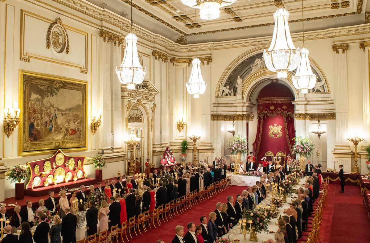 Queen Elizabeth II hosts President Donald Trump, First Lady Melania Trump, and 170 other guests for a state banquet in the opulent ballroom at Buckingham Palace on June 3, 2019.