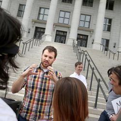 Dan Garfield of the EFF, Electronic Frontier Foundation, speaks to a group of Utah residents who are concerned over the recent NSA data mining at the Capitol in Salt Lake City on Wednesday, June 12, 2013. Organized by an association of lay citizens, the rally intended to raise awareness of unlawful government spying.