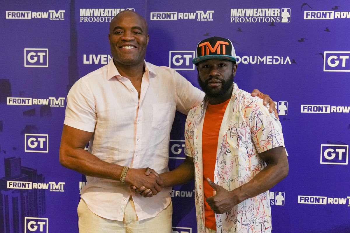 Floyd Mayweather and Anderson Silva promoting a boxing show in Dubai, UAE.