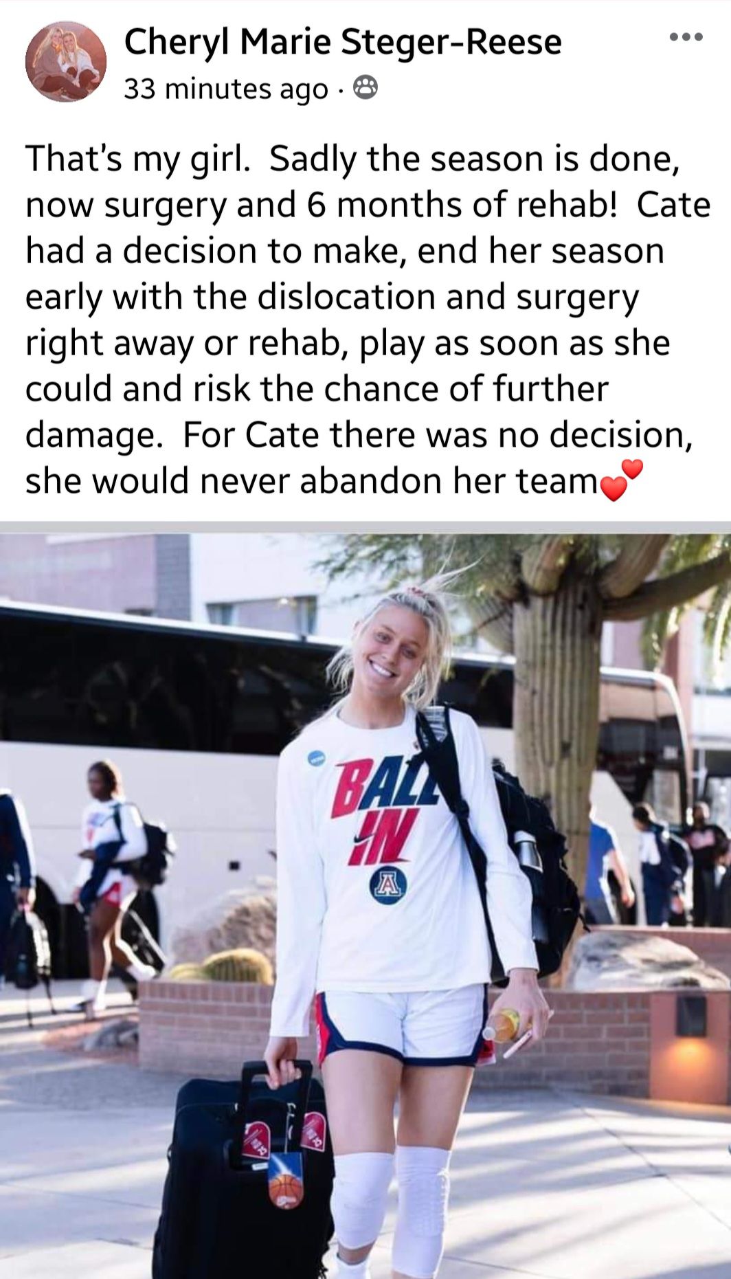 Social media post regarding Arizona women’s basketball’s Cate Reese