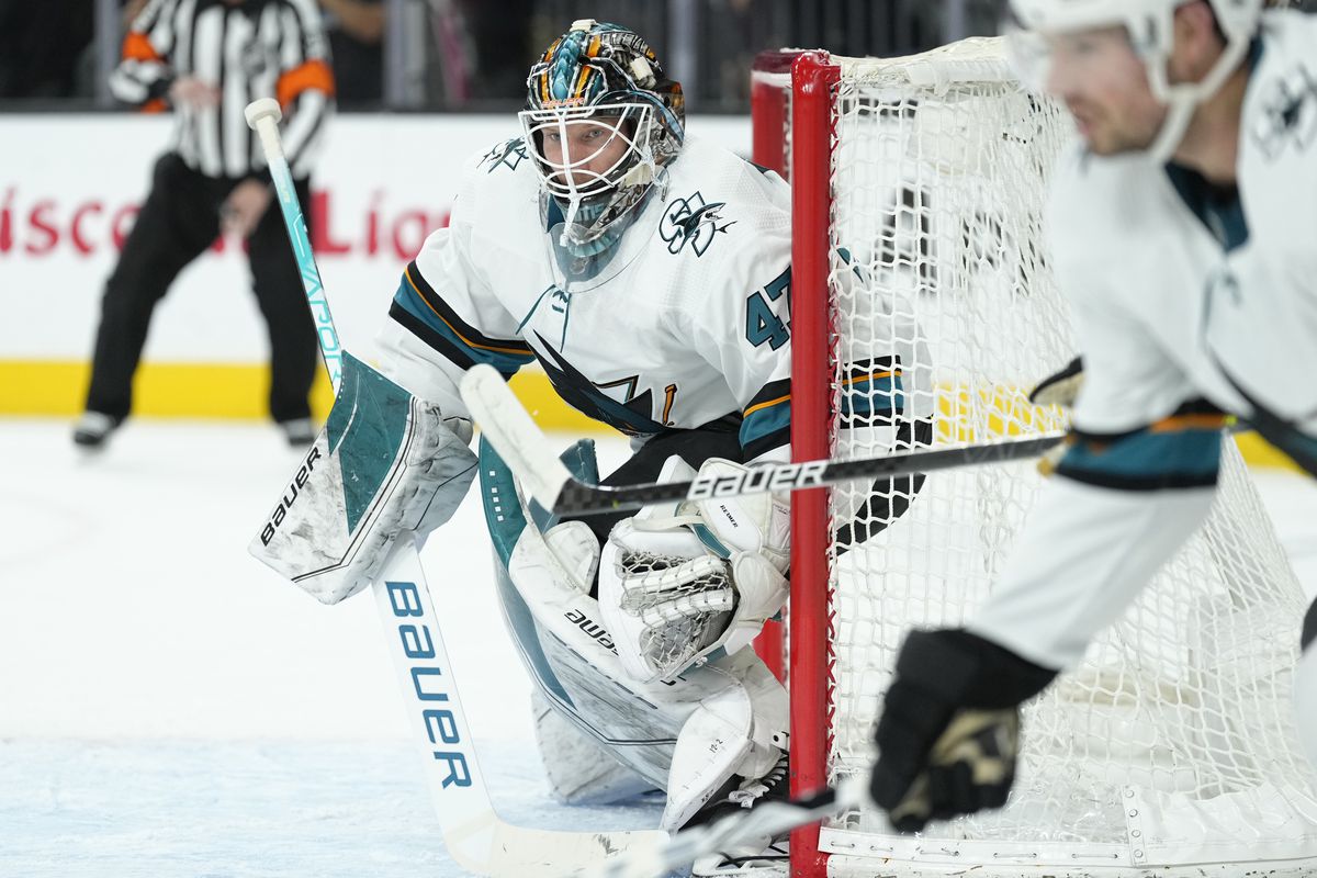James Reimer #47 of the San Jose Sharks tends net during the first period against the Vegas Golden Knights at T-Mobile Arena on March 01, 2022 in Las Vegas, Nevada.