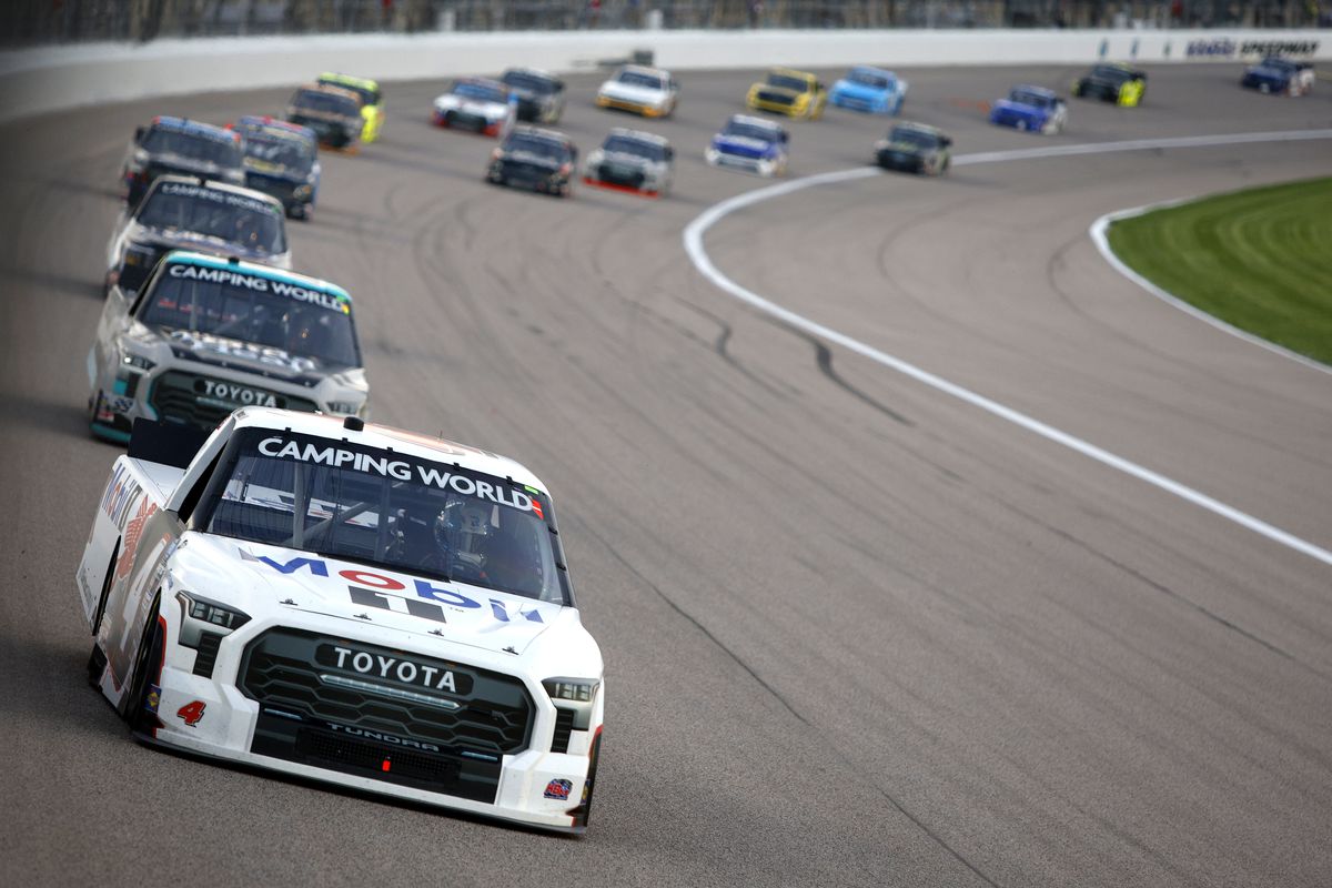 John Hunter Nemechek, driver of the #4 Mobil 1 Toyota, leads the field during the NASCAR Camping World Truck Series Heart of America 200 at Kansas Speedway on May 14, 2022 in Kansas City, Kansas.