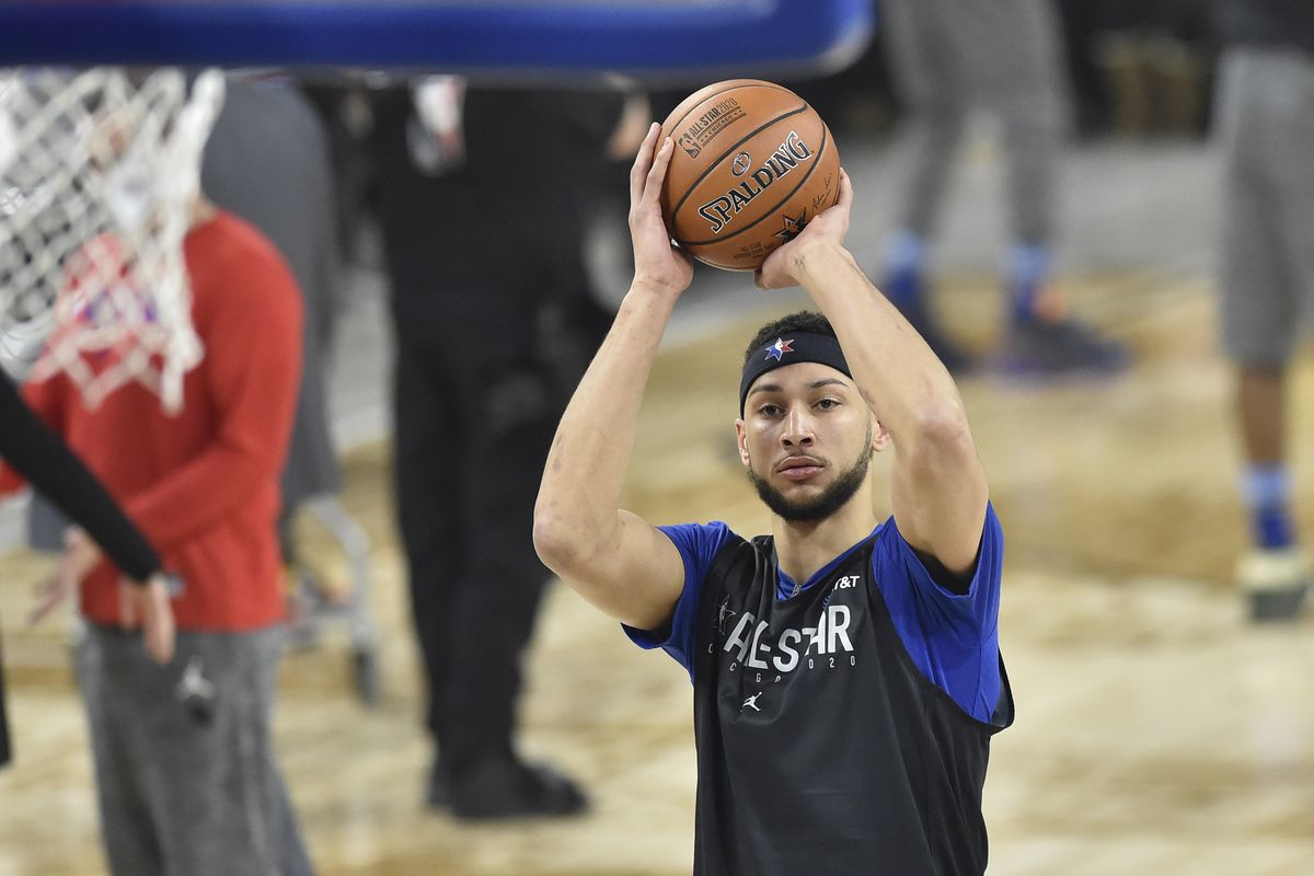 Philadelphia 76ers player Ben Simmons shoots during media day for the NBA All Star Game at Wintrust.