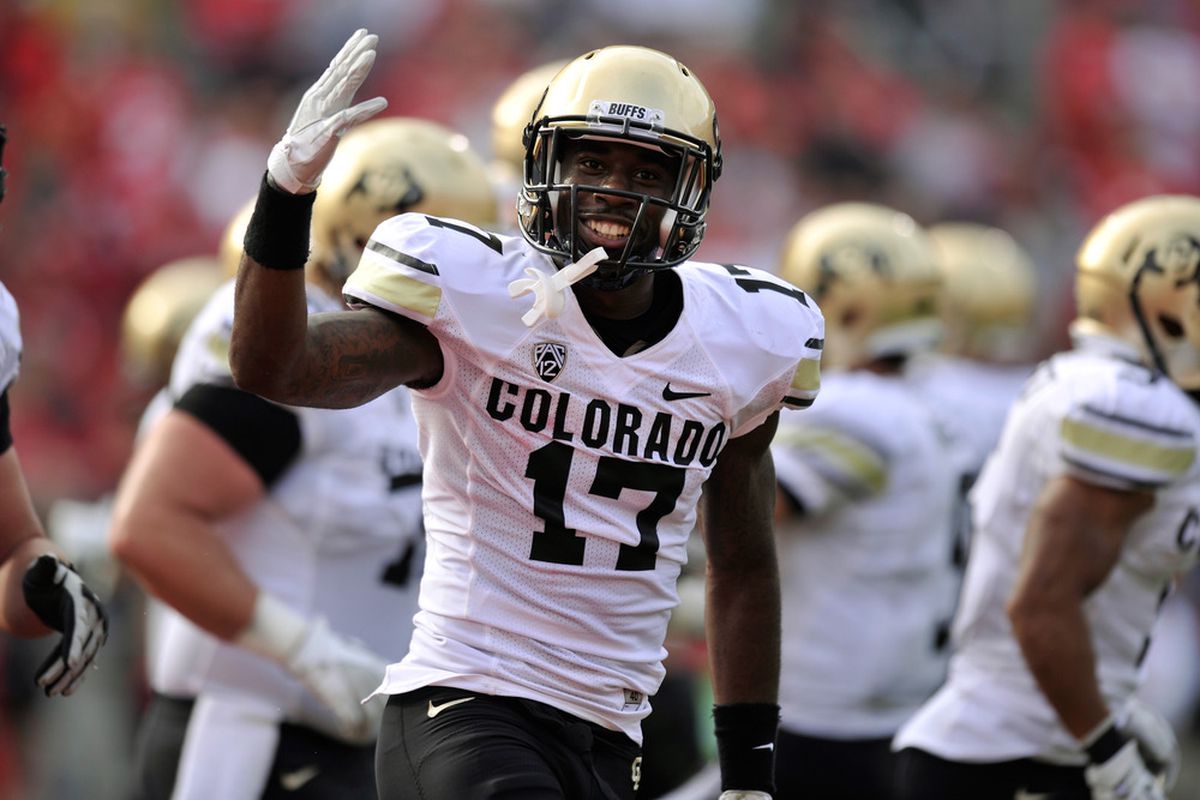 Toney Clemons #17 of the Colorado Buffaloes guesses in which round he'll be drafted. He was close. (Photo by Jamie Sabau/Getty Images)