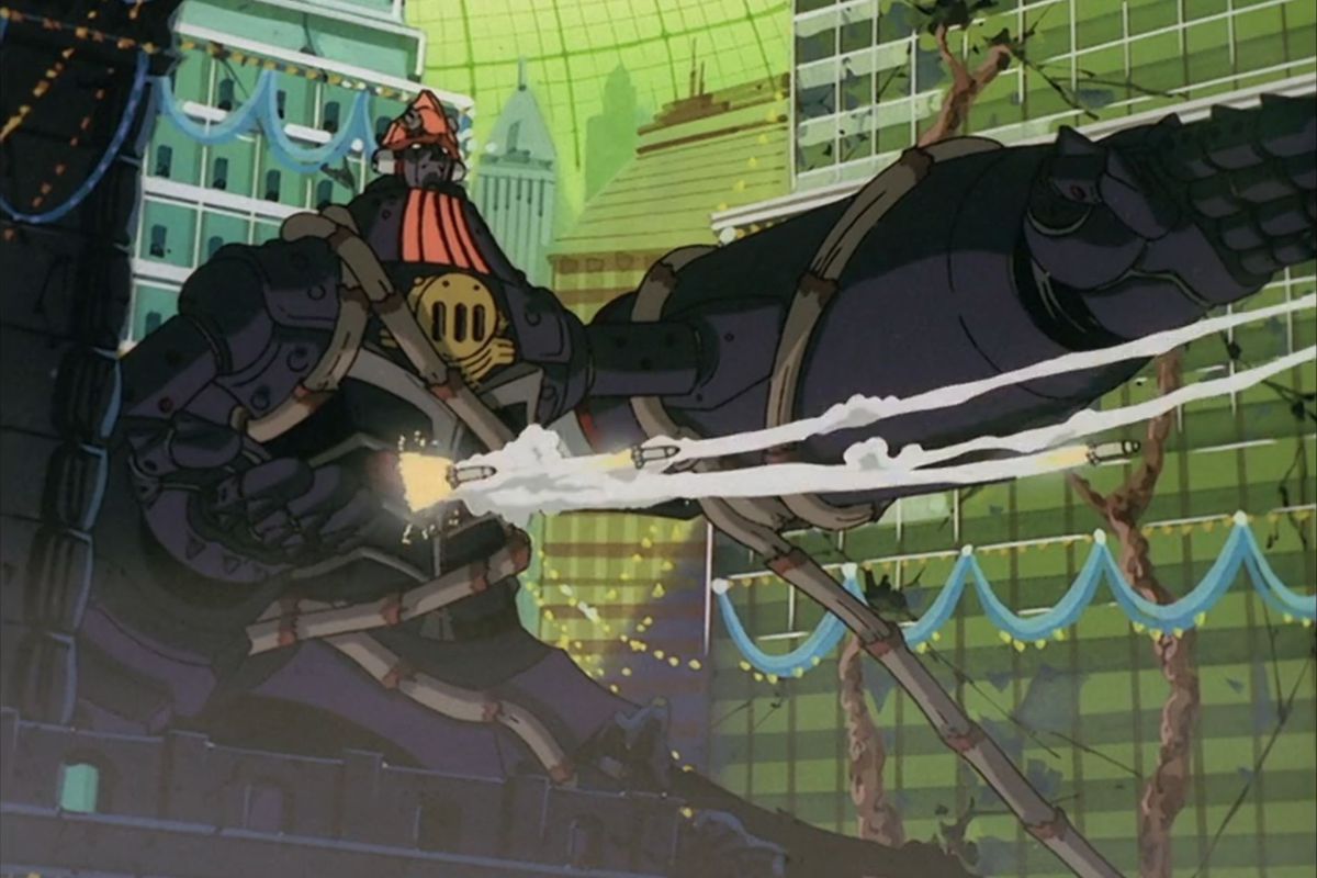 A giant black and red robot covered in vines firing projectiles out of its chest plate with ruined building decorated in christmas lights and a domed structure in the background.