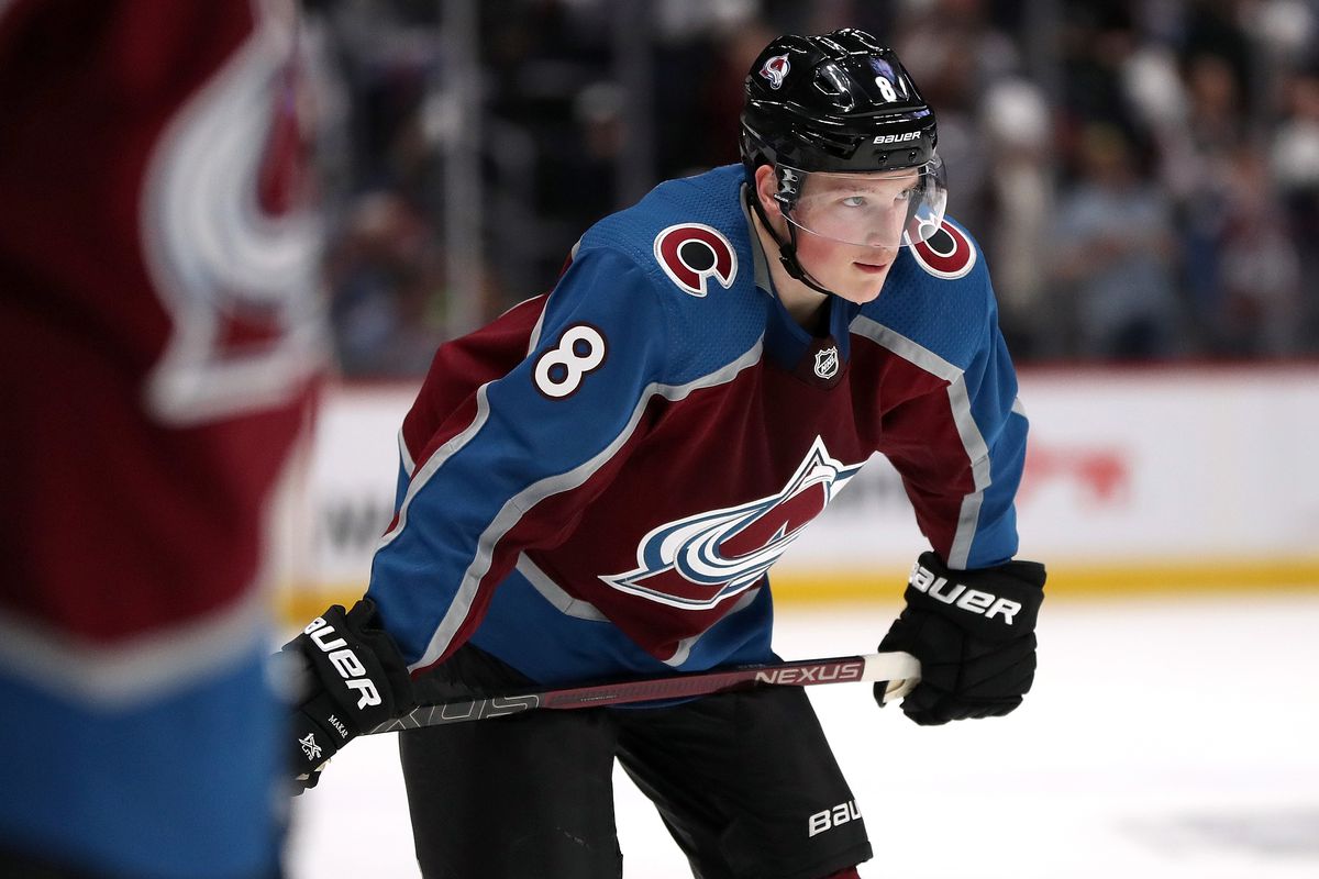 DENVER, COLORADO - APRIL 15: Cale Makar #8 of the Colorado Avalanche plays the Calgary Flames in the second period during Game Three of the Western Conference First Round during the 2019 NHL Stanley Cup Playoffs at the Pepsi Center on April 15, 2019 in De