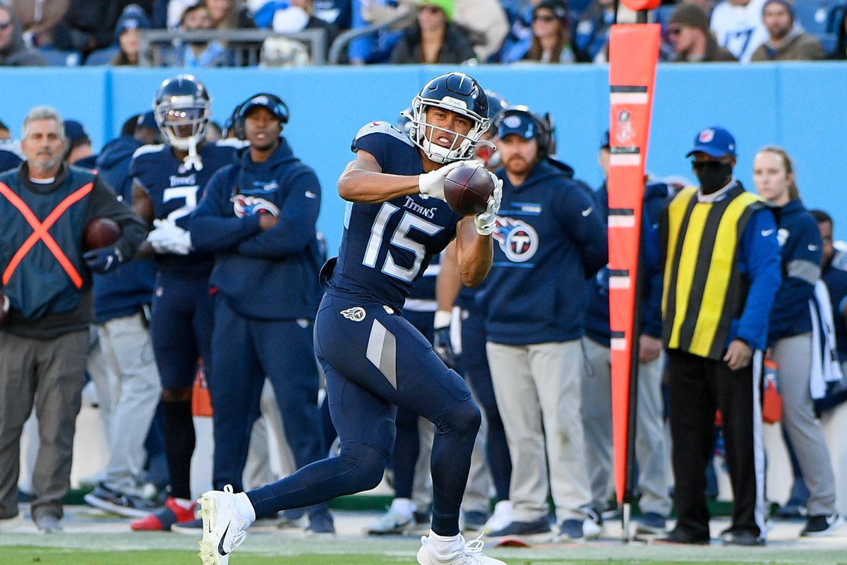 Tennessee Titans wide receiver Nick Westbrook-Ikhine (15) makes a catch against the Jacksonville Jaguars during the second half at Nissan Stadium.
