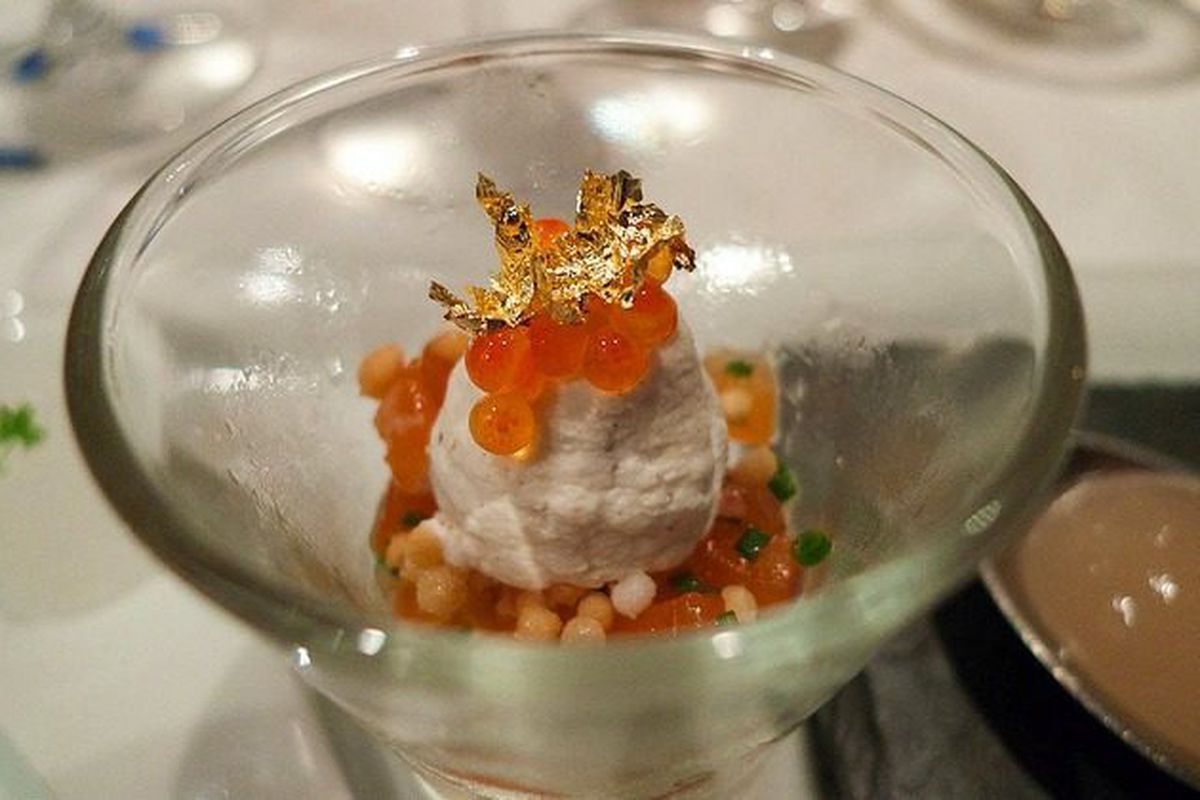 Providence: trout sashimi, creme fraiche, trout roe caviar, gold leaf, by Eric Huang