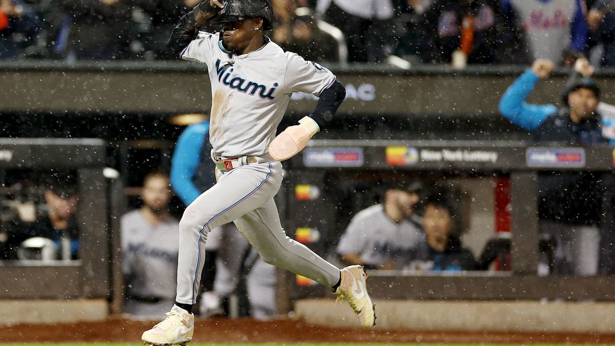 Jazz Chisholm Jr. of the Miami Marlins scores in the ninth inning against the New York Mets at Citi Field on September 28, 2023 in the Flushing neighborhood of the Queens borough of New York City.