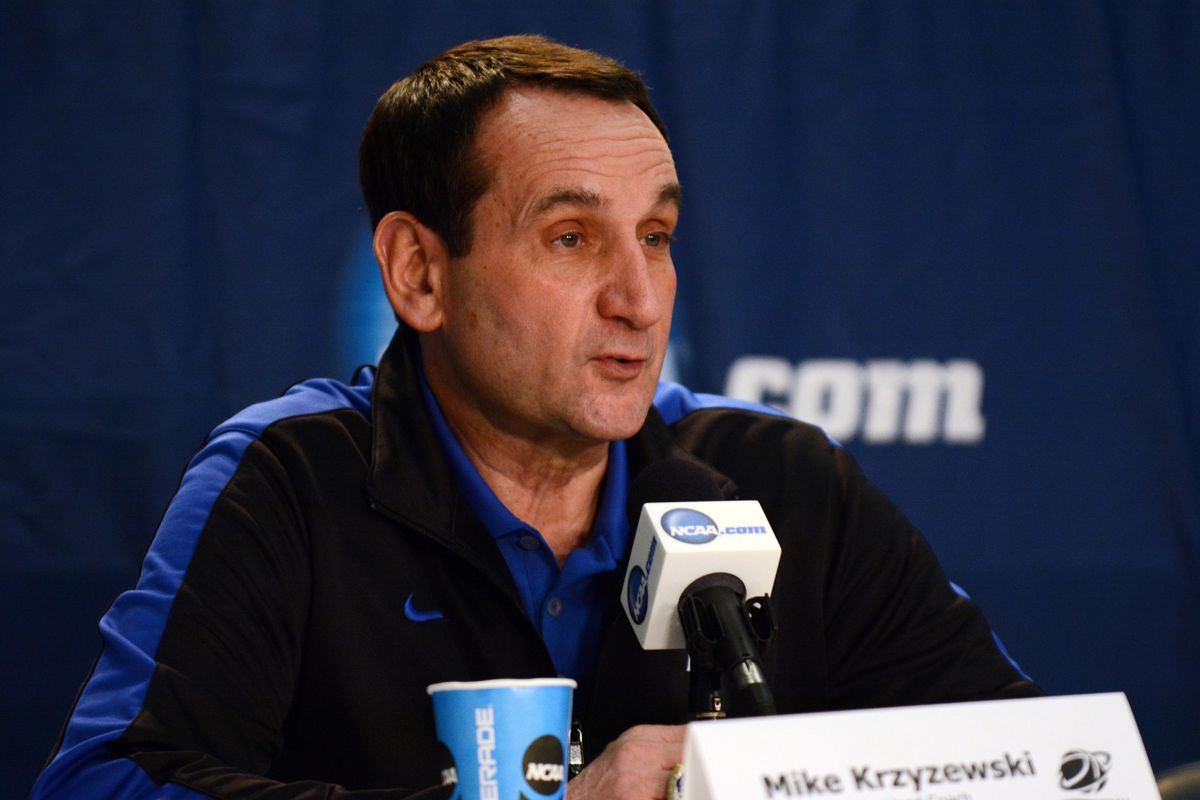 Mar 20, 2014; Raleigh, NC, USA; Duke Blue Devils head coach Mike Krzyzewski speaks during a press conference during practice before the second round of the 2014 NCAA Tournament at PNC Arena.