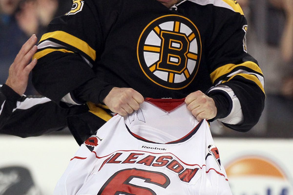 Nathan Horton's attack of an unwilling-to-fight Tim Gleason was part of Boston's collapse against the Hurricanes.  (Photo by Elsa/Getty Images)