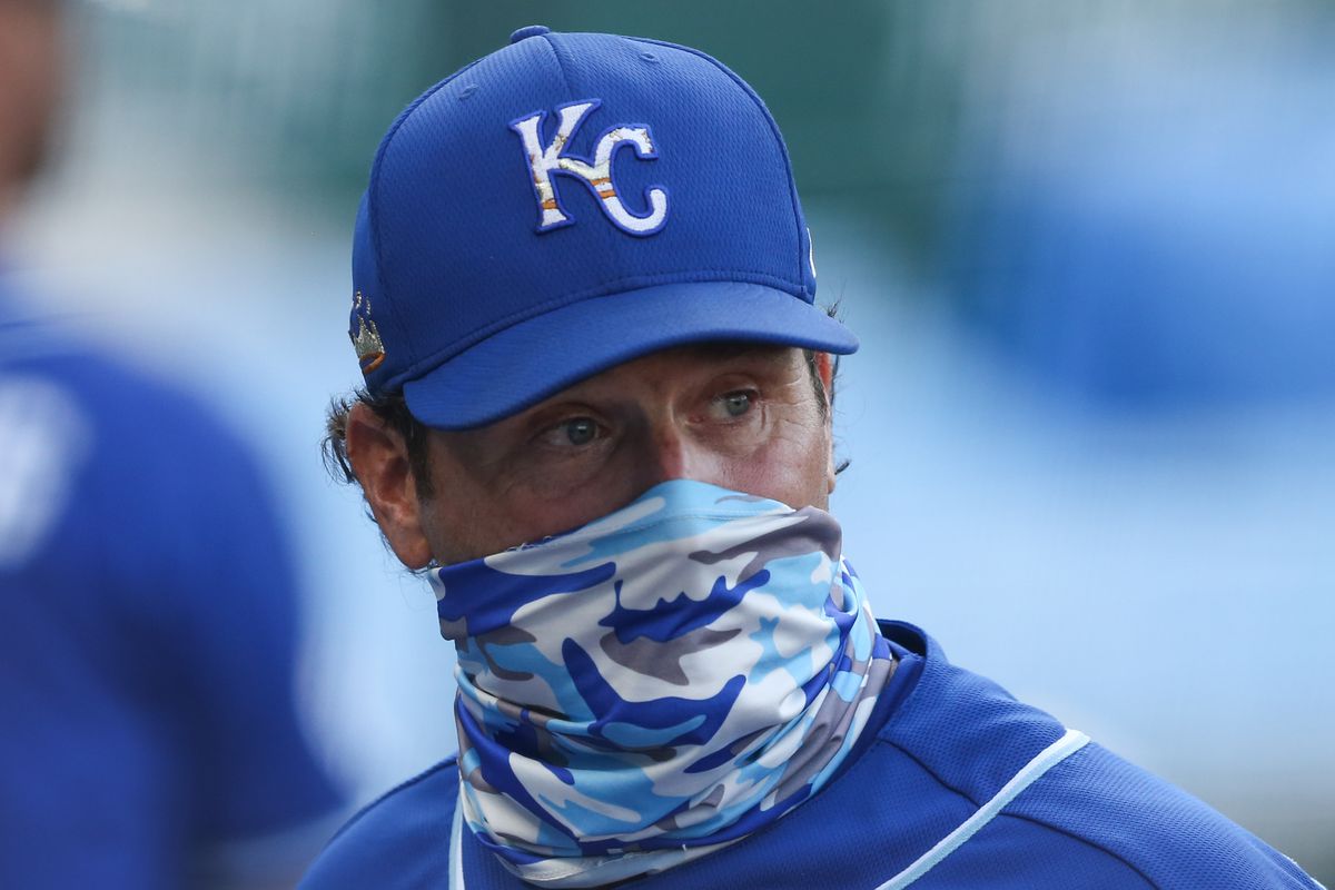 Kansas City Royals manager Mike Matheny (22) wears a mask during the Royals summer camp workouts on July 08, 2020 at Kauffman Stadium in Kansas City, MO.