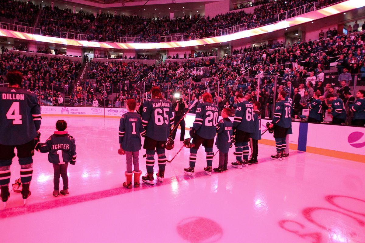 Erik Karlsson, Marcus Sorensen, Melker Karlsson and Joe Thornton of the San Jose Sharks stand with kids on the ice during Hockey Fights Cancer Night against the Vancouver Canucks at SAP Center on November 2, 2019 in San Jose, California